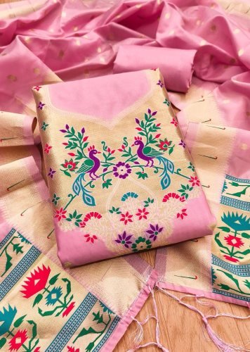 Premium Pure Zari Soft Banarasi Silk Suit Dress Material In Baby Pink Color
