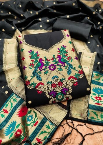 Premium Pure Zari Soft Banarasi Silk Suit Dress Material In Black Color