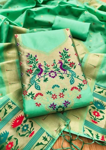 Premium Pure Zari Soft Banarasi Silk Suit Dress Material In Mint Green Color
