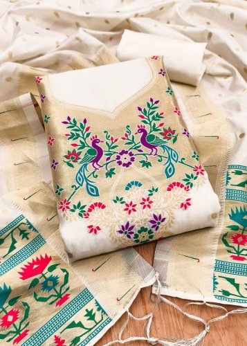 Premium Pure Zari Soft Banarasi Silk Suit Dress Material In white Color