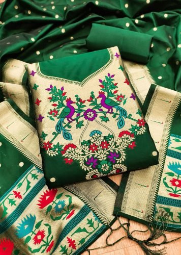 Premium Pure Zari Soft Banarasi Silk Suit Dress Material In Green Color