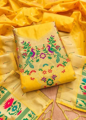 Premium Pure Zari Soft Banarasi Silk Suit Dress Material In Yellow Color