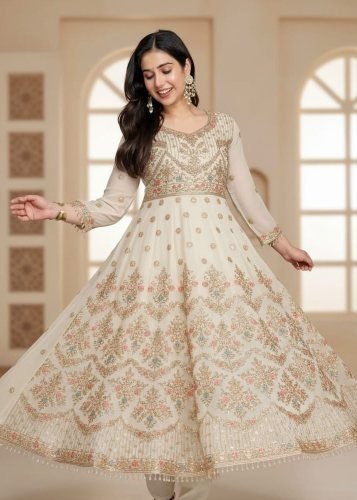 Premium Royal Bloom Heavy 3mm Sequins Zari Thread Embroidery & Moti Lace Work Cotton Suit Set  White Color TD DN 6124