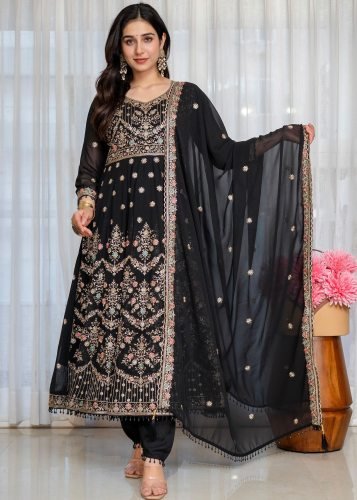 Premium Royal Bloom Heavy 3mm Sequins Zari Thread Embroidery & Moti Lace Work Cotton Suit Set  Black Color TD DN 6124