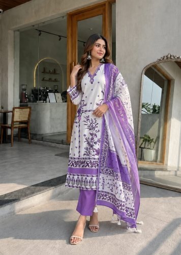 Premium Soft And Silky Berry Silk With Beautiful heavy Embroidered Kurta pent Dupatta Purple Color