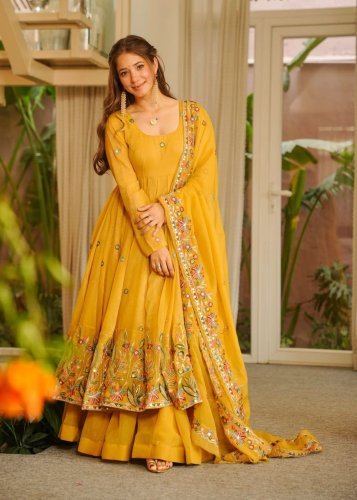 Premium Soft Crunchy Silk With  Multi Embroidery Readymade Anarkali Suit Set Mustard Yellow LFH TD DN 6111