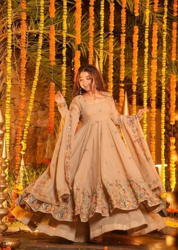 Premium Soft Crunchy Silk With  Multi Embroidery Readymade Anarkali Suit Set Beige Color LFH TD DN 6111