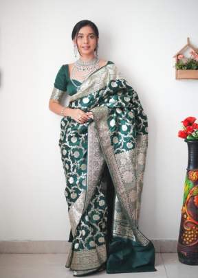 Premium Soft Lichi Silk With Jacqard  Work  Ready To Wear Saree Green Color