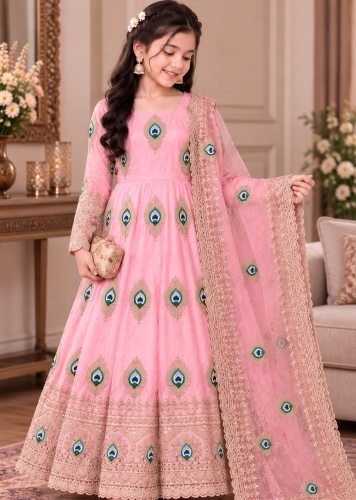 Premium Trending Beautiful Kids Gown Set Heavy Fendy Silks Embroidery Threads Light Pink Color Work LFH OC DN 254