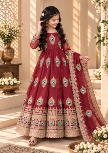 Premium Trending Beautiful Kids Gown Set Heavy Fendy Silks Embroidery Threads Maroon Color Work LFH OC DN 254