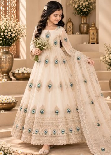Premium Trending Beautiful Kids Gown Set Heavy Fendy Silks Embroidery Threads Off-White Color Work LFH OC DN 254