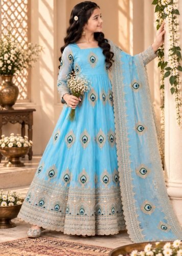 Premium Trending Beautiful Kids Gown Set Heavy Fendy Silks Embroidery Threads Work Sky Blue Color LFH OC DN 254