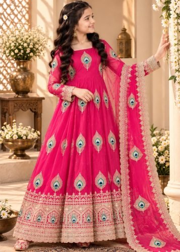Premium Trending Beautiful Kids Gown Set Heavy Fendy Silks Embroidery Threads Work Dark Pink Color LFH OC DN 254