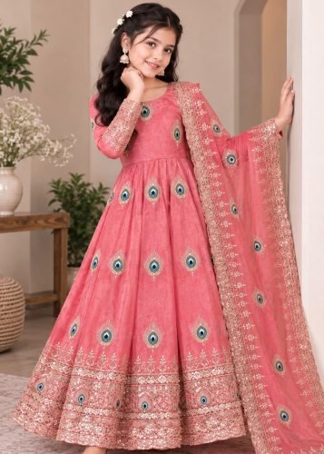 Premium Trending Beautiful Kids Gown Set Heavy Fendy Silks Embroidery Threads Work Peach Pink Color LFH OC DN 254