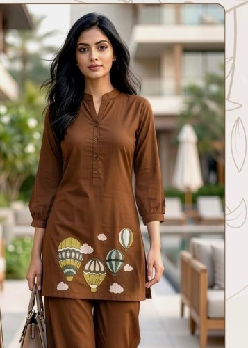 Premium Trending Embroidery Work Heavy Dabbu cotton Co Ord Set Brown Color