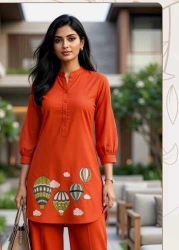 Premium Trending Embroidery Work Heavy Dabbu cotton Co Ord Set Orange Color