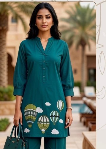 Premium Trending Embroidery Work Heavy Dabbu cotton Co Ord Set Rama Green Color