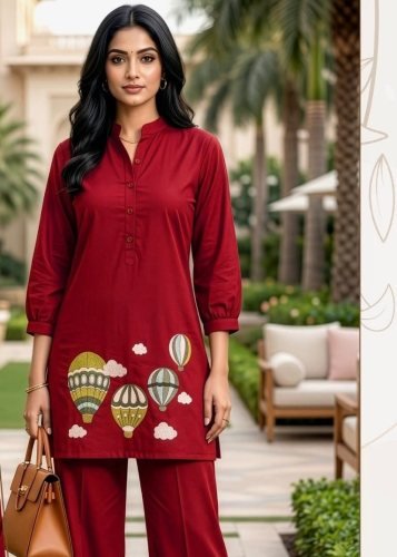 Premium Trending Embroidery Work Heavy Dabbu cotton Co Ord Set Maroon Color