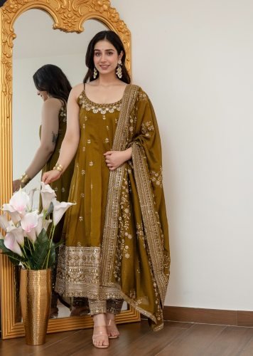 Premium Vichitra Silk  Heavy Embroidery With  Zari-Codding  Anarkali Suit Set Mehndi Green LFH TD DN 6075