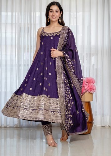 Premium Vichitra Silk  Heavy Embroidery With  Zari-Codding  Anarkali Suit Set Purple Color LFH TD DN 6075