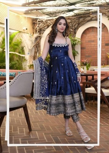 Premium Vichitra Silk  Heavy Embroidery With  Zari-Codding  Anarkali Suit Set Navy Blue Color LFH TD DN 6075