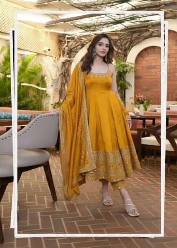 Premium Vichitra Silk  Heavy Embroidery With  Zari-Codding  Anarkali Suit Set Yellow Color LFH TD DN 6075