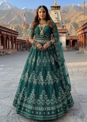 Premium Wedding Lehenga Choly Pure Butterfly Net With Embroidery Work And Diamond Work Dark Green Color SN DN 7102