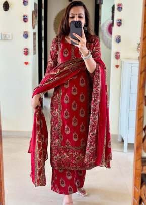 Presenting Designer Fine Cotton And With Neck Hand Work 3 Pieces Kurtis Set Red Color 