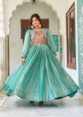 Presenting New Festival Long Anarkali Gown Dupptta Fendy silk With Heavy sequence & Thread Embroidery Work Aqua Blue Color RM DN 146