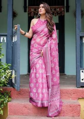 Presenting Pure Linen Saree with Tassels Vibrant Purple with intricate white Bandhani Pink Color DN 118