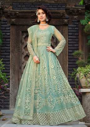 Pure Butterfly Net With Heavy Work And Stone Work Anarkali Gown Green Tint Color SN DN 2099