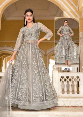Pure Butterfly Net With Heavy Coding Work And Stone Work Anarkali Gown Grey Color SN DN 2086