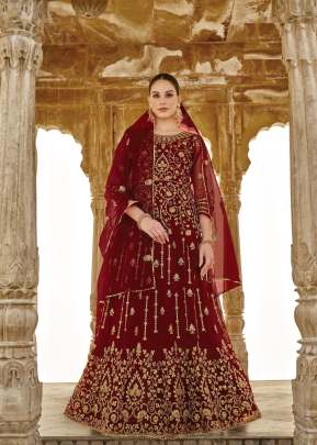 Pure Butterfly Net with Heavy Embroidery work Party Wear Suit Maroon Color DN 3024