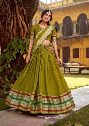Pure Chanderi Paithani Lehenga Choli With Elegant Traditional Zari Weaving Mehndi Color DN 1903