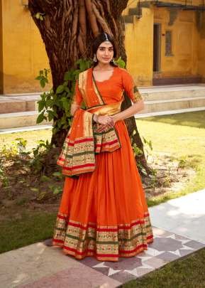 Pure Chanderi Paithani Lehenga Choli With Elegant Traditional Zari Weaving Orange Color DN 1903