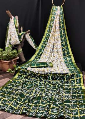 Pure Cotton Bandhej Hand Printed With Chex Panetar Saree Green Color