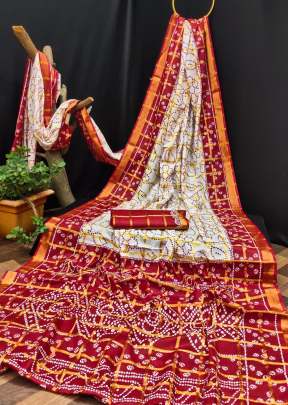 Pure Cotton Bandhej Hand Printed With Chex Panetar Saree Red Color