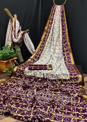 Pure Cotton Bandhej Hand Printed With Chex Panetar Saree Wine Color