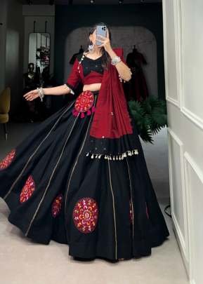 Pure Cotton Plain And Gamthi Patch Work With Gota Patti Touch Up Navratri Lehenga Choli Black Color DN 1603