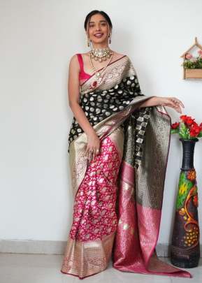 Pure Silk Half And Half Banarashi  Silk Ready To Wear Saree Black And Pink Color