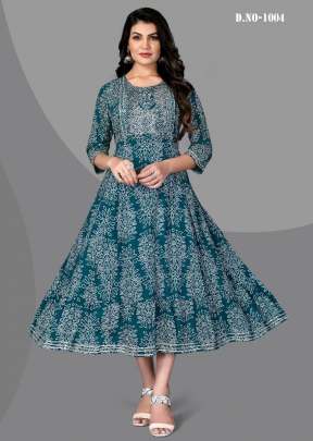 Puspa Rayon Embroidery Work Flair Bandhani Print Kurti Sky Blue Color DN 1004