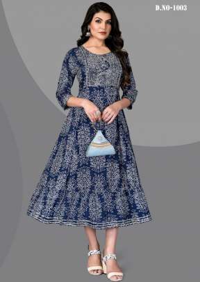 Puspa Rayon Embroidery Work Flair Bandhani Print Kurti Blue Color DN 1003