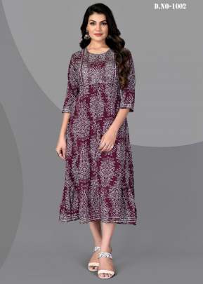 Puspa Rayon Embroidery Work Flair Bandhani Print Kurti Wine Color DN 1002