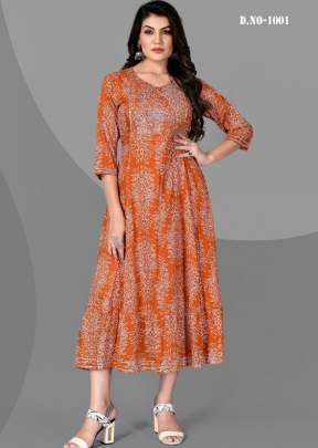 Puspa Rayon Embroidery Work Flair Bandhani Print Kurti Orange Color DN 1001