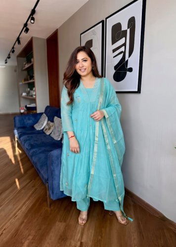 Rabadi Beautiful Suit Sets in Pure Mul Chanderi Suit  With Full Hand Work Nack Sky Blue Color DN 1391