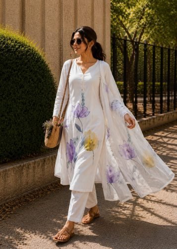  Raj Laxmi  Designer Pure Mul Lilian Top With Pent And Dupatta Set And Hand Work White Color 