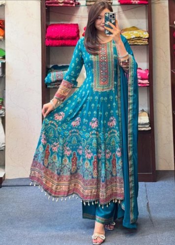  Rajasthani Stylish  Pure Chinon With Mirror Work And Hand Work Anarkali Suits Blue Color 
