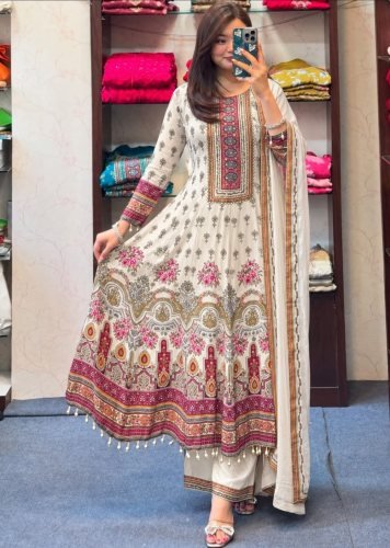  Rajasthani Stylish  Pure Chinon With Mirror Work And Hand Work Anarkali Suits Off White Color 