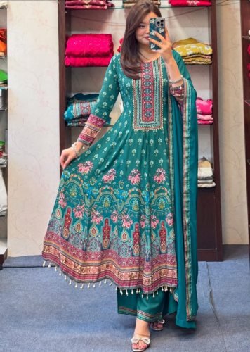  Rajasthani Stylish  Pure Chinon With Mirror Work And Hand Work Anarkali Suits Teal Color 