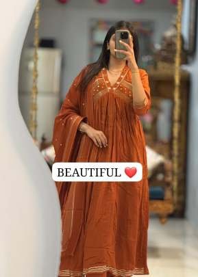 Rajhans Branded Pure Cotton 3 Piece Kurti Set With Handwork  And Dupatta Rust Orange Color